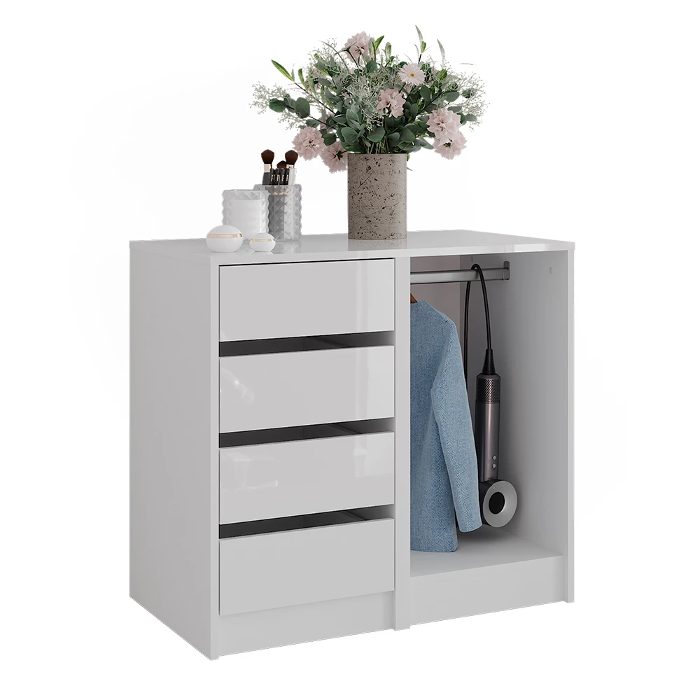 Cassettiera per camera da letto in Bianco/bianco lucido su sfondo bianco con elementi decorativi