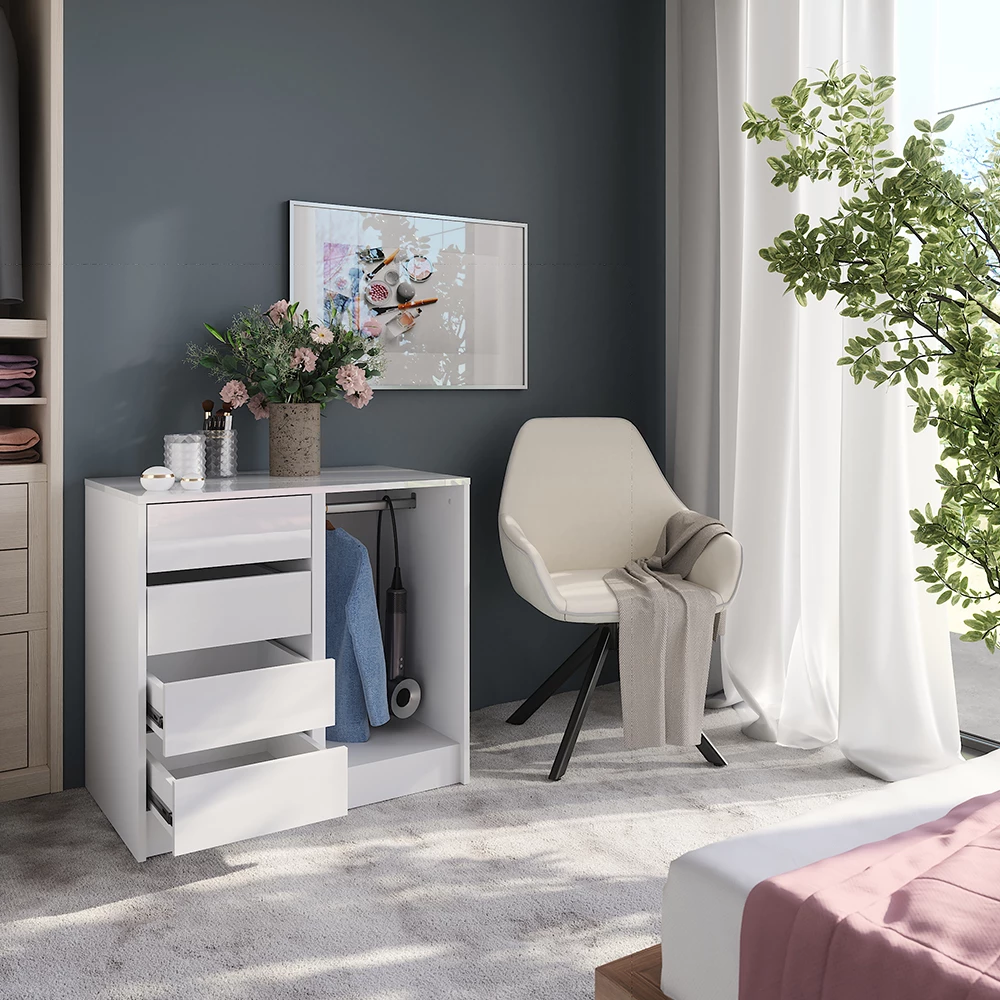 Primo piano di Cassettiera per camera da letto in Bianco/bianco lucido, mostrando design e dettagli della superficie