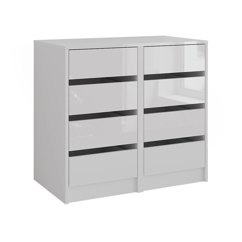 Commode avec tiroirs en blanc/blanc brillant sur fond blanc