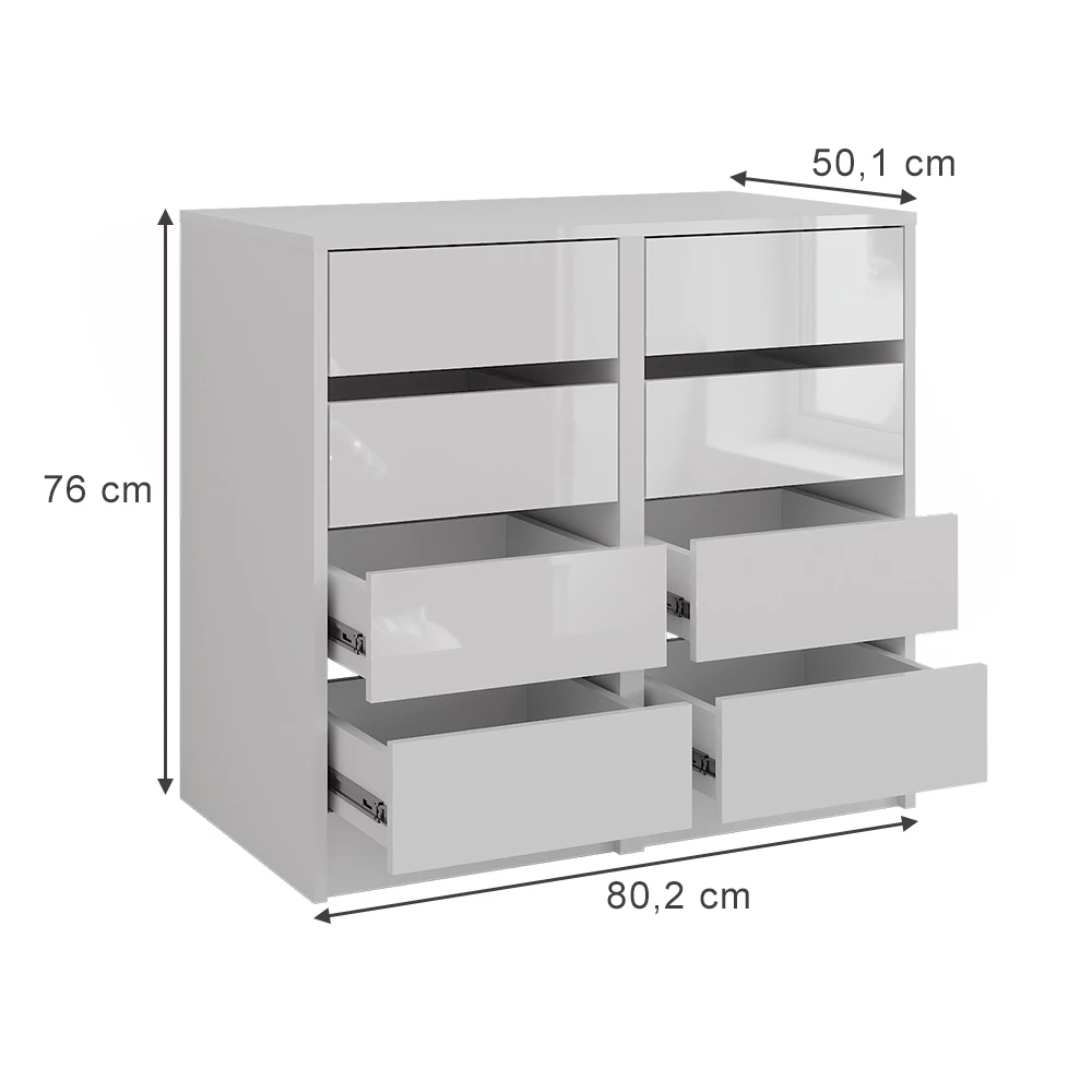 Commode avec tiroirs en blanc/blanc brillant sur fond blanc avec dimensions visibles