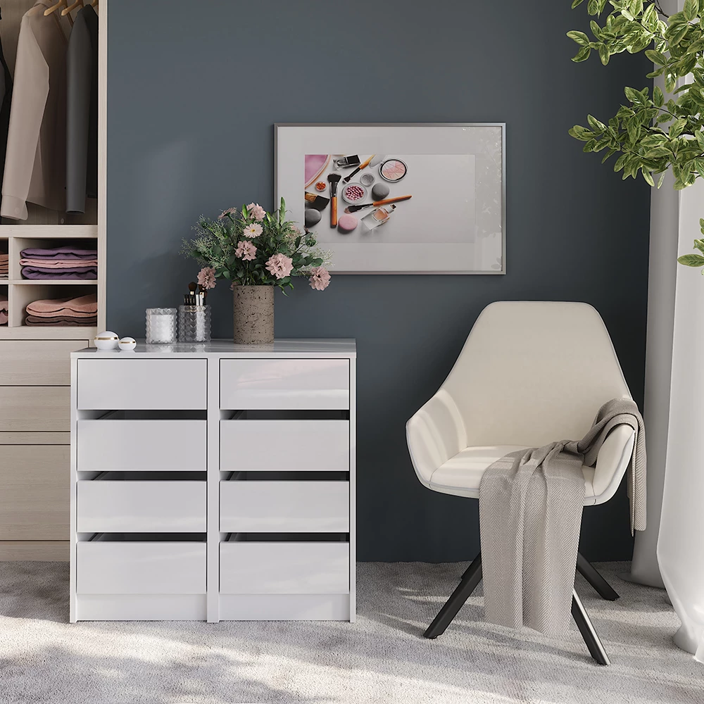 Commode avec tiroirs en blanc/blanc brillant, présenté dans un décor ambiant avec décoration