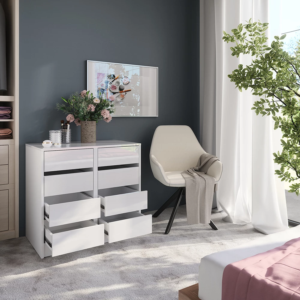 Gros plan de Commode avec tiroirs en blanc/blanc brillant, montrant le design et les détails de surface