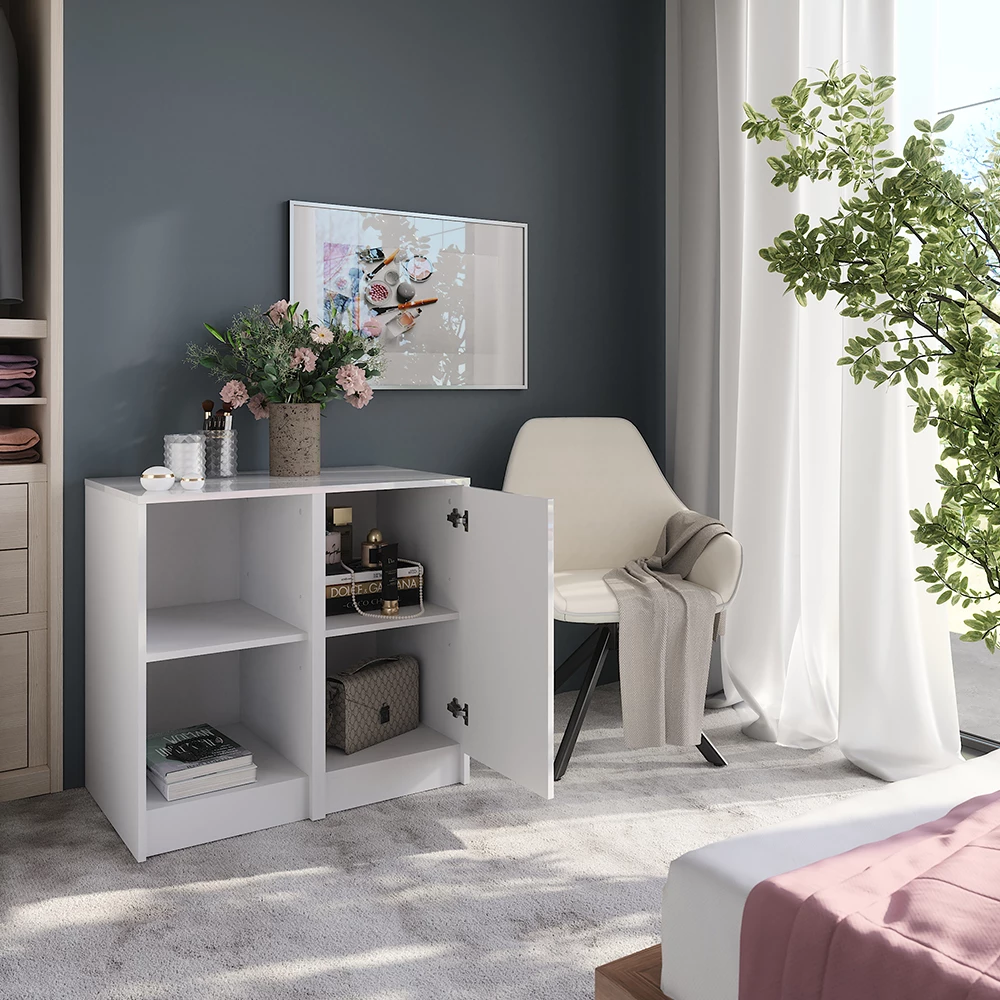 Close-up of Sideboard in Wit/wit hoogglans, showing design and surface details