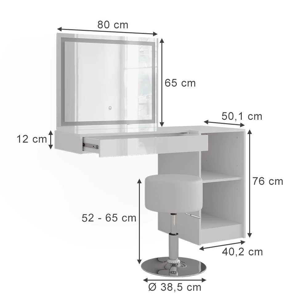 Stół do toalety w kolorze Biały/biały wysoki połysk na białym tle z widocznymi wymiarami