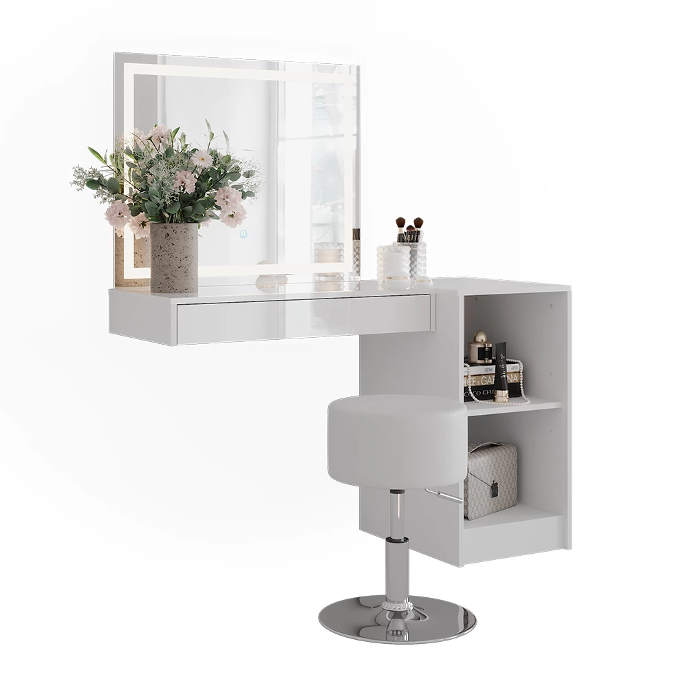 Stół do toalety w kolorze Biały/biały wysoki połysk na białym tle z elementami dekoracyjnymi