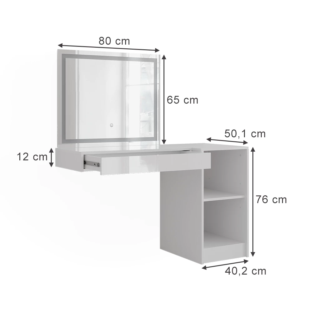 Coiffeuse en blanc/blanc brillant sur fond blanc avec dimensions visibles