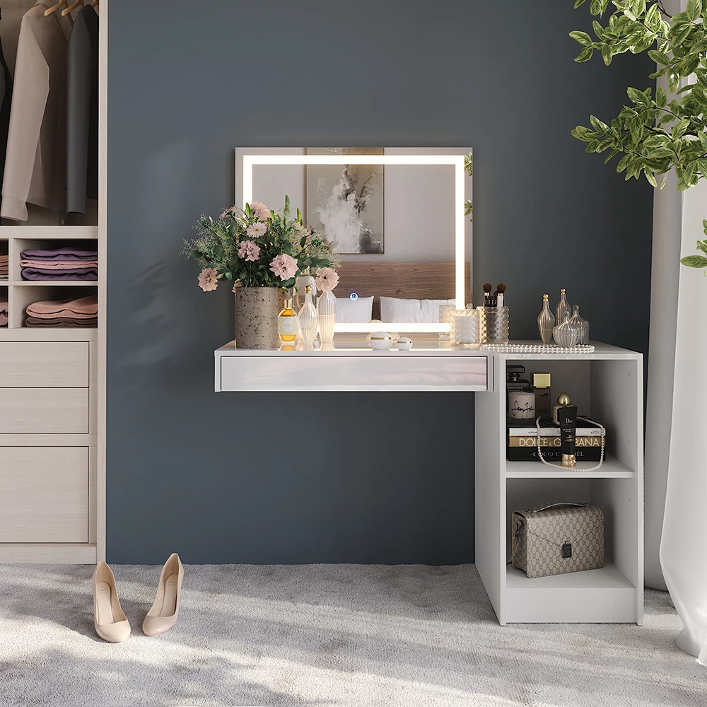 Coiffeuse en blanc/blanc brillant, présenté dans un décor ambiant avec décoration