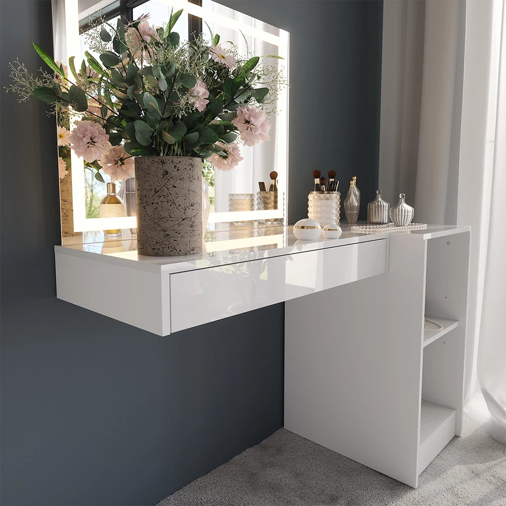 Gros plan de Coiffeuse en blanc/blanc brillant, montrant la texture/les détails