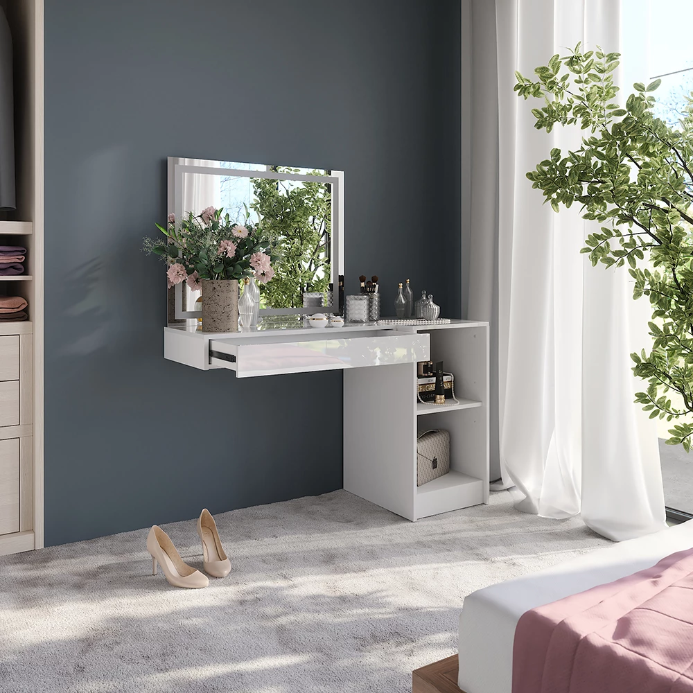 Gros plan de Coiffeuse en blanc/blanc brillant, montrant le design et les détails de surface