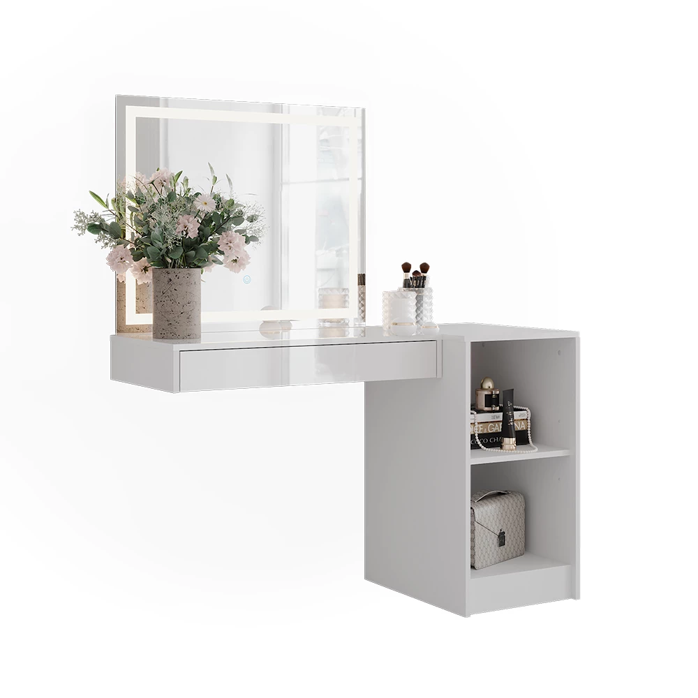 Coiffeuse en blanc/blanc brillant sur fond blanc avec des éléments décoratifs