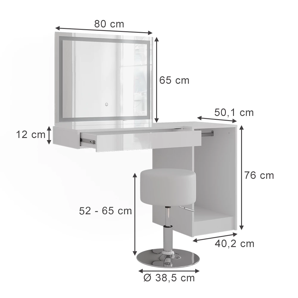 Schminktisch in Weiß/Weiß Hochglanz auf weißem Hintergrund mit sichtbaren Maßen