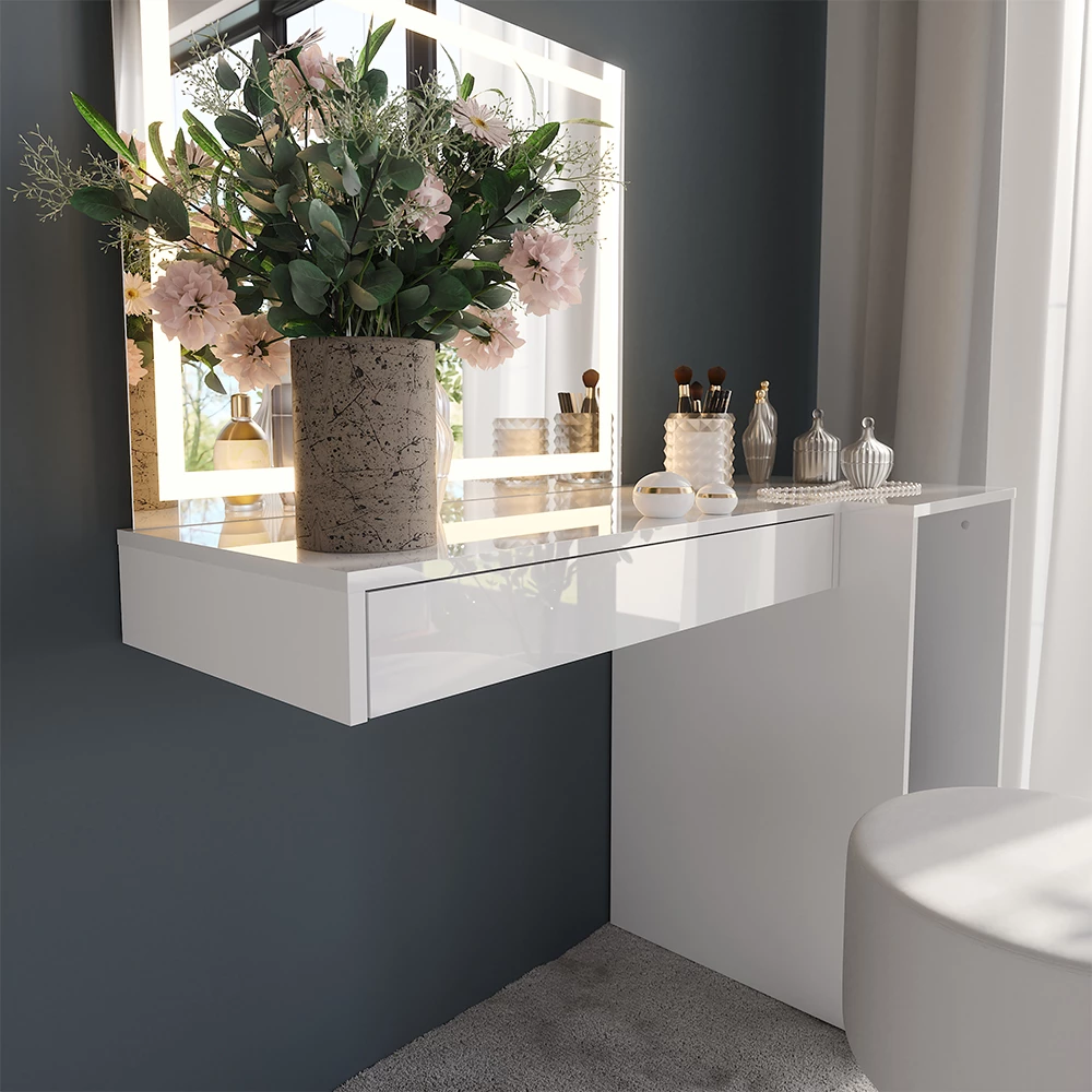 Nahaufnahme von Schminktisch in Weiß/Weiß Hochglanz, zeigt Textur/Details