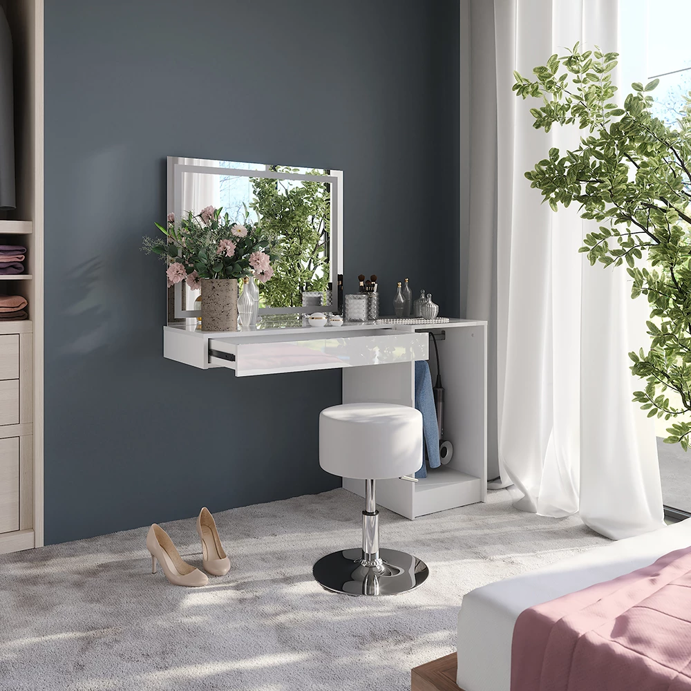 Nahaufnahme von Schminktisch in Weiß/Weiß Hochglanz, zeigt Design- und Oberflächendetails