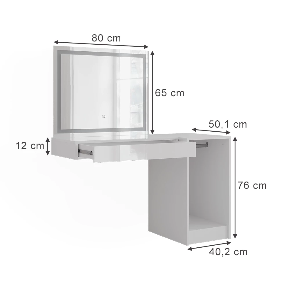 Makeupbord i farven Hvid/hvid højglans på hvid baggrund med synlige dimensioner