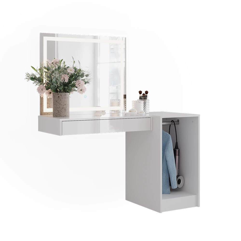 Makeupbord i farven Hvid/hvid højglans på hvid baggrund med dekorative elementer