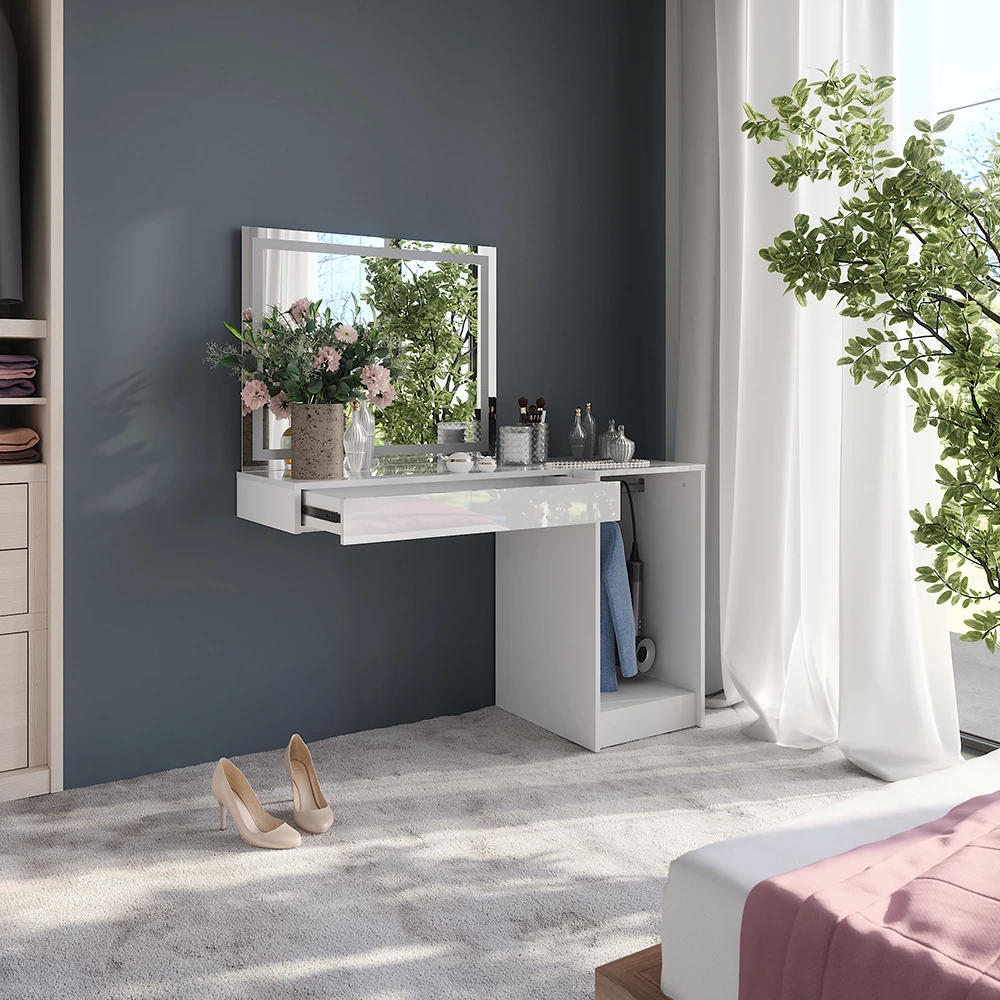 Nærbillede af Makeupbord i farven Hvid/hvid højglans, der viser design og overfladedetaljer