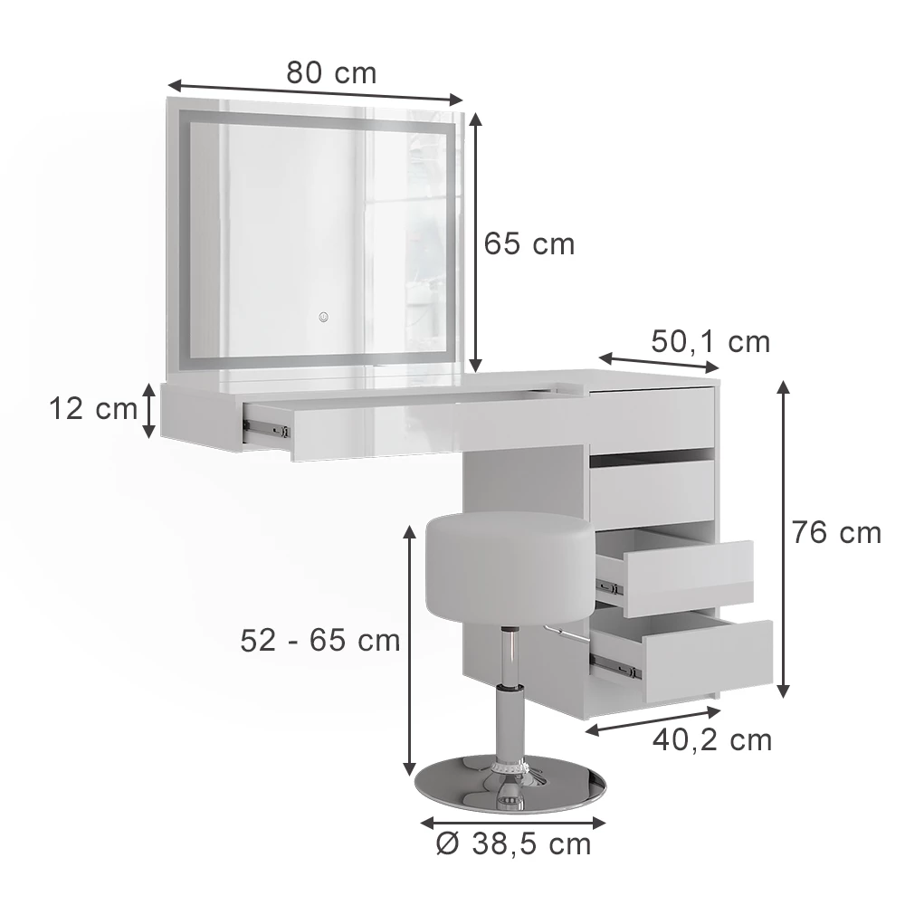 Tavolo da toeletta in Bianco/bianco lucido su sfondo bianco con dimensioni visibili