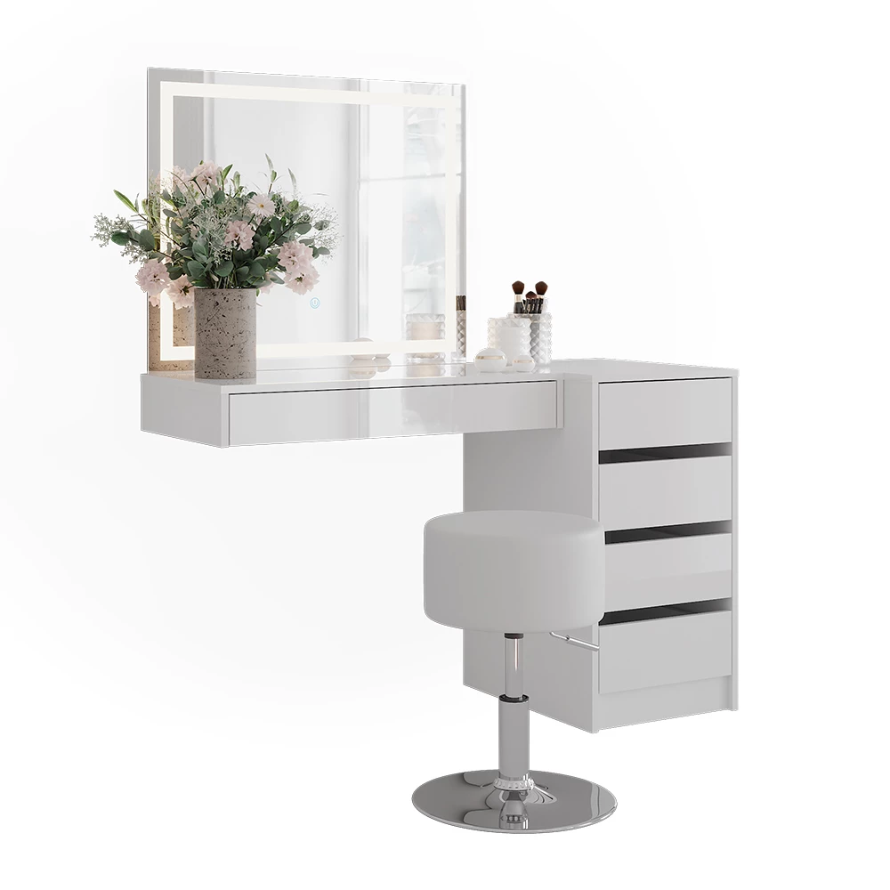 Tavolo da toeletta in Bianco/bianco lucido su sfondo bianco con elementi decorativi