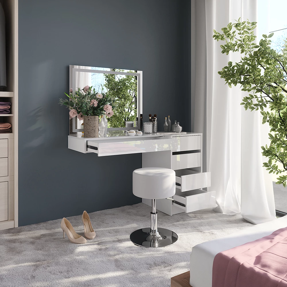 Primo piano di Tavolo da toeletta in Bianco/bianco lucido, mostrando design e dettagli della superficie