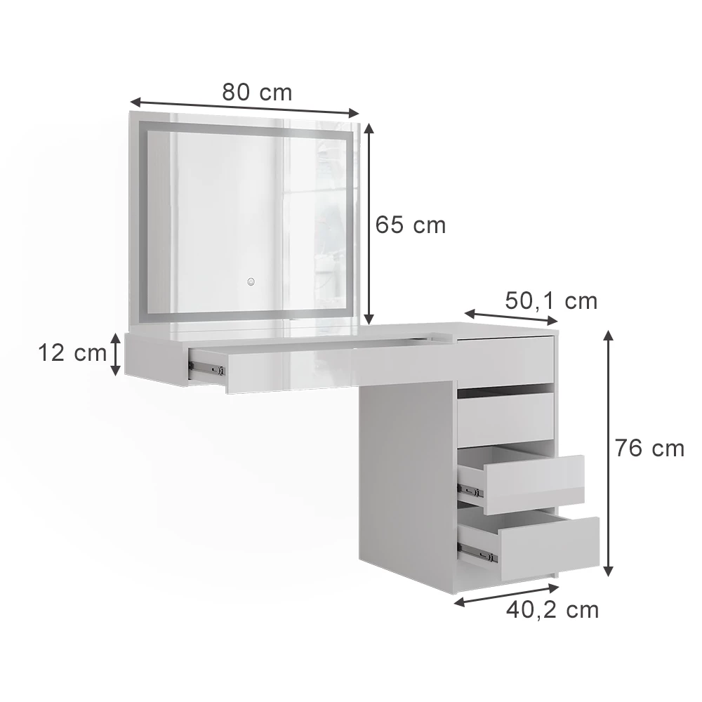 Coiffeuse en blanc/blanc brillant sur fond blanc avec dimensions visibles