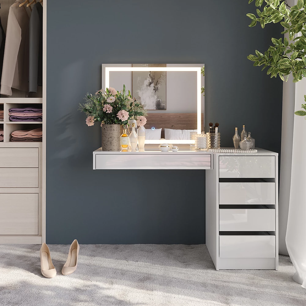 Coiffeuse en blanc/blanc brillant, présenté dans un décor ambiant avec décoration