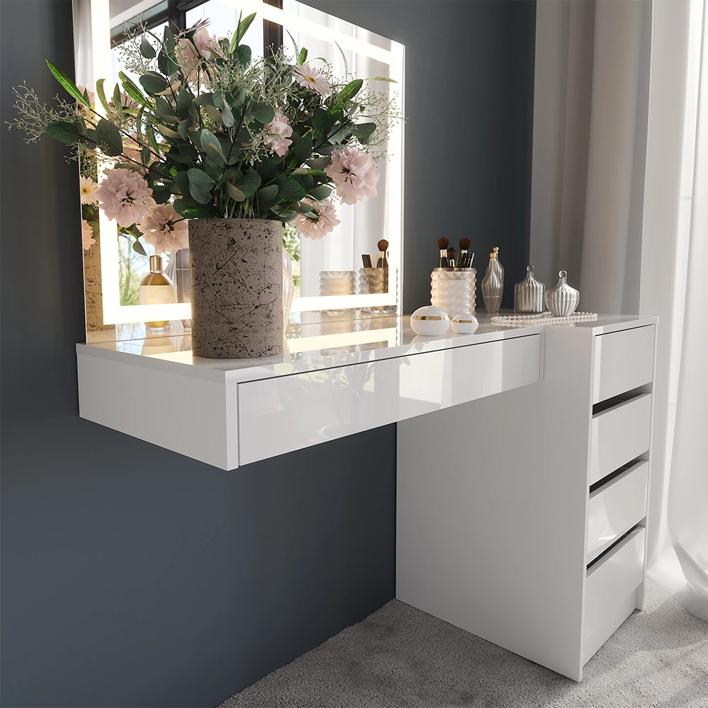 Gros plan de Coiffeuse en blanc/blanc brillant, montrant la texture/les détails