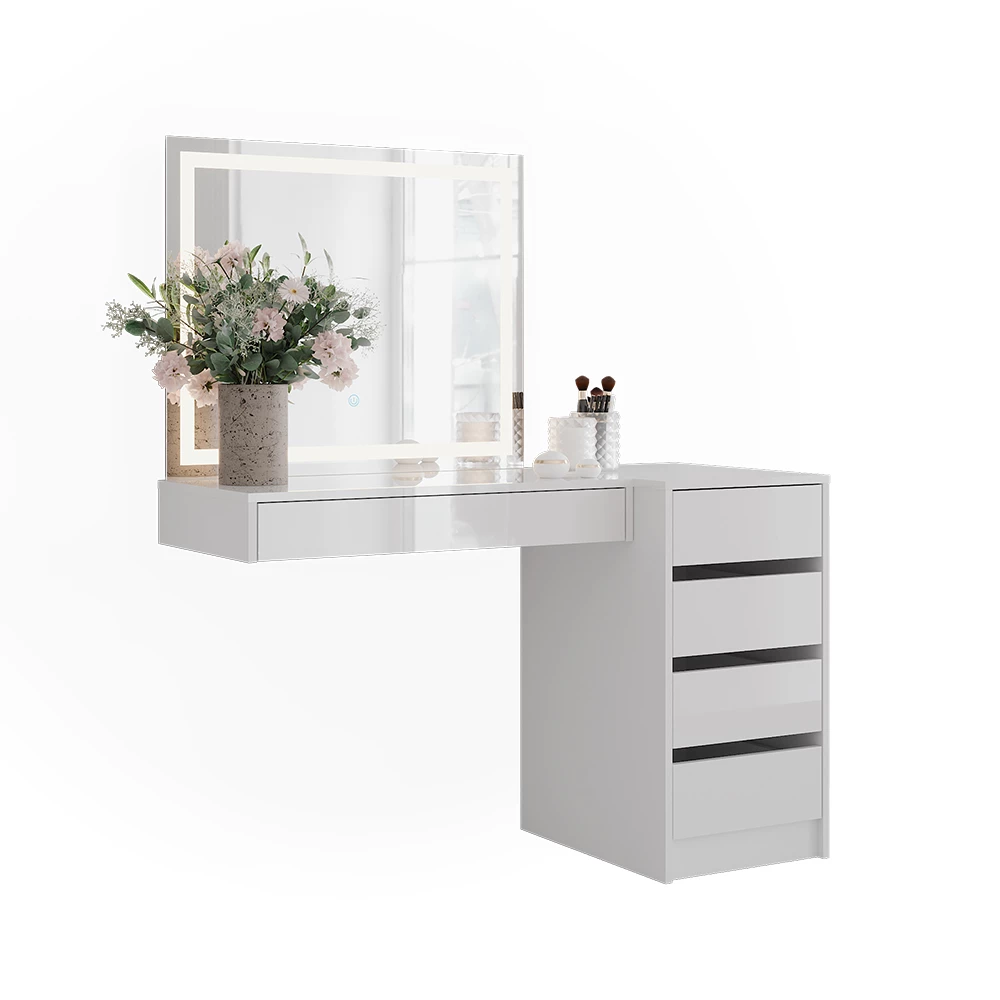 Coiffeuse en blanc/blanc brillant sur fond blanc avec des éléments décoratifs