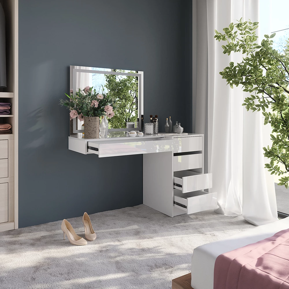 Gros plan de Coiffeuse en blanc/blanc brillant, montrant le design et les détails de surface