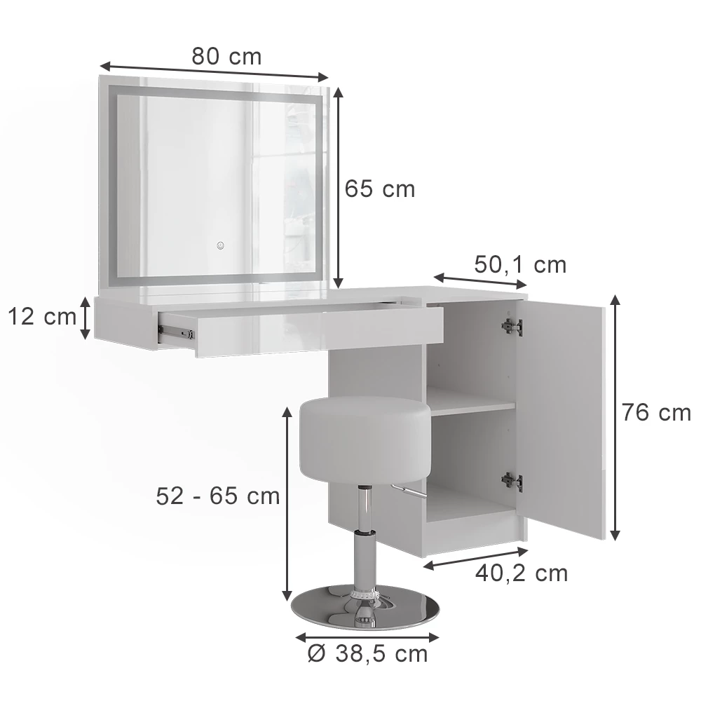 Schminktisch in Weiß/Weiß Hochglanz auf weißem Hintergrund mit sichtbaren Maßen