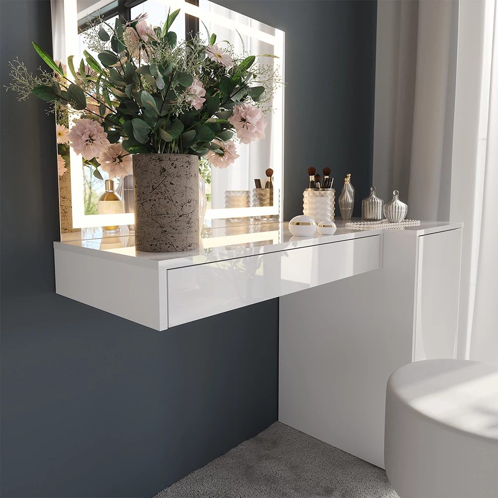 Nahaufnahme von Schminktisch in Weiß/Weiß Hochglanz, zeigt Textur/Details