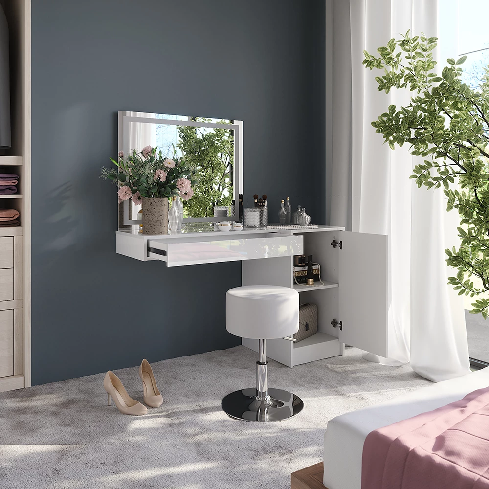 Nahaufnahme von Schminktisch in Weiß/Weiß Hochglanz, zeigt Design- und Oberflächendetails