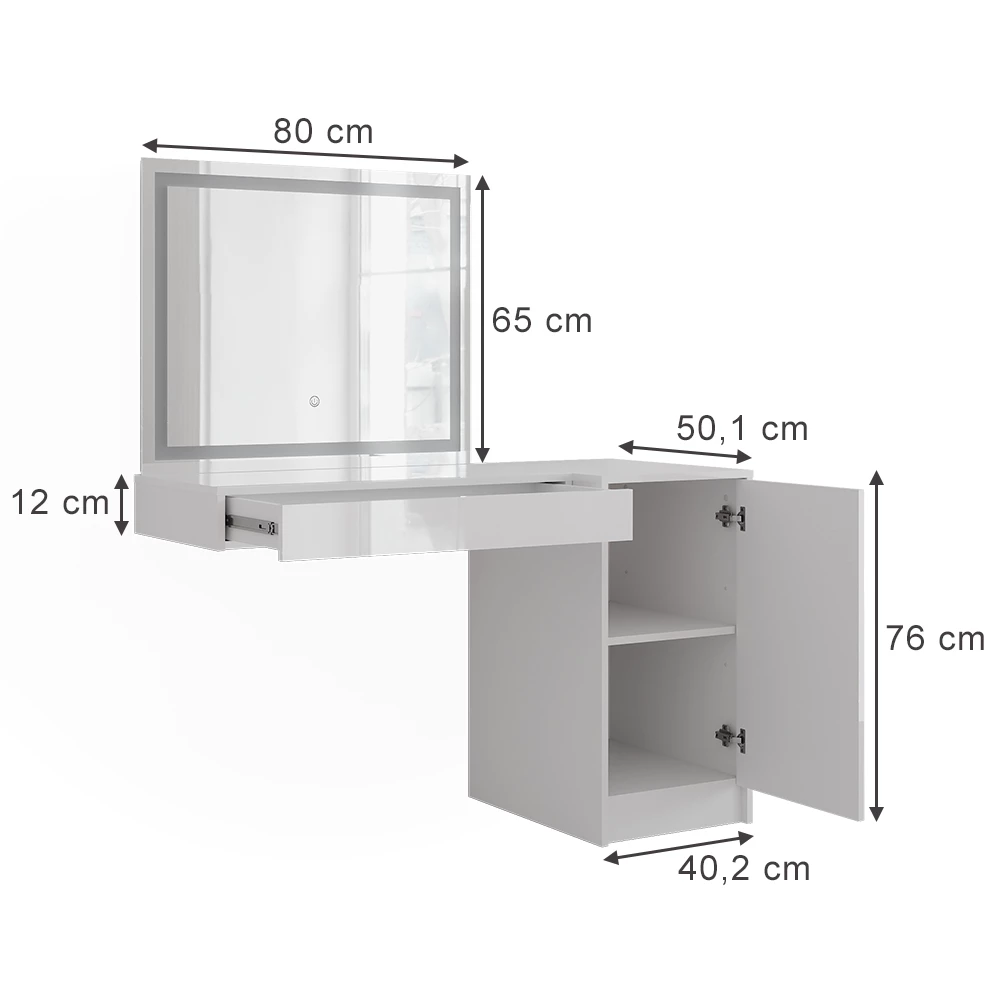 Makeupbord i farven Hvid/hvid højglans på hvid baggrund med synlige dimensioner