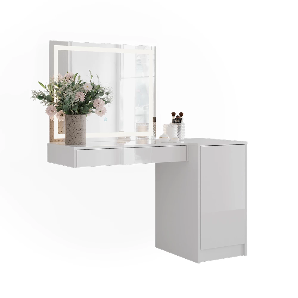 Makeupbord i farven Hvid/hvid højglans på hvid baggrund med dekorative elementer