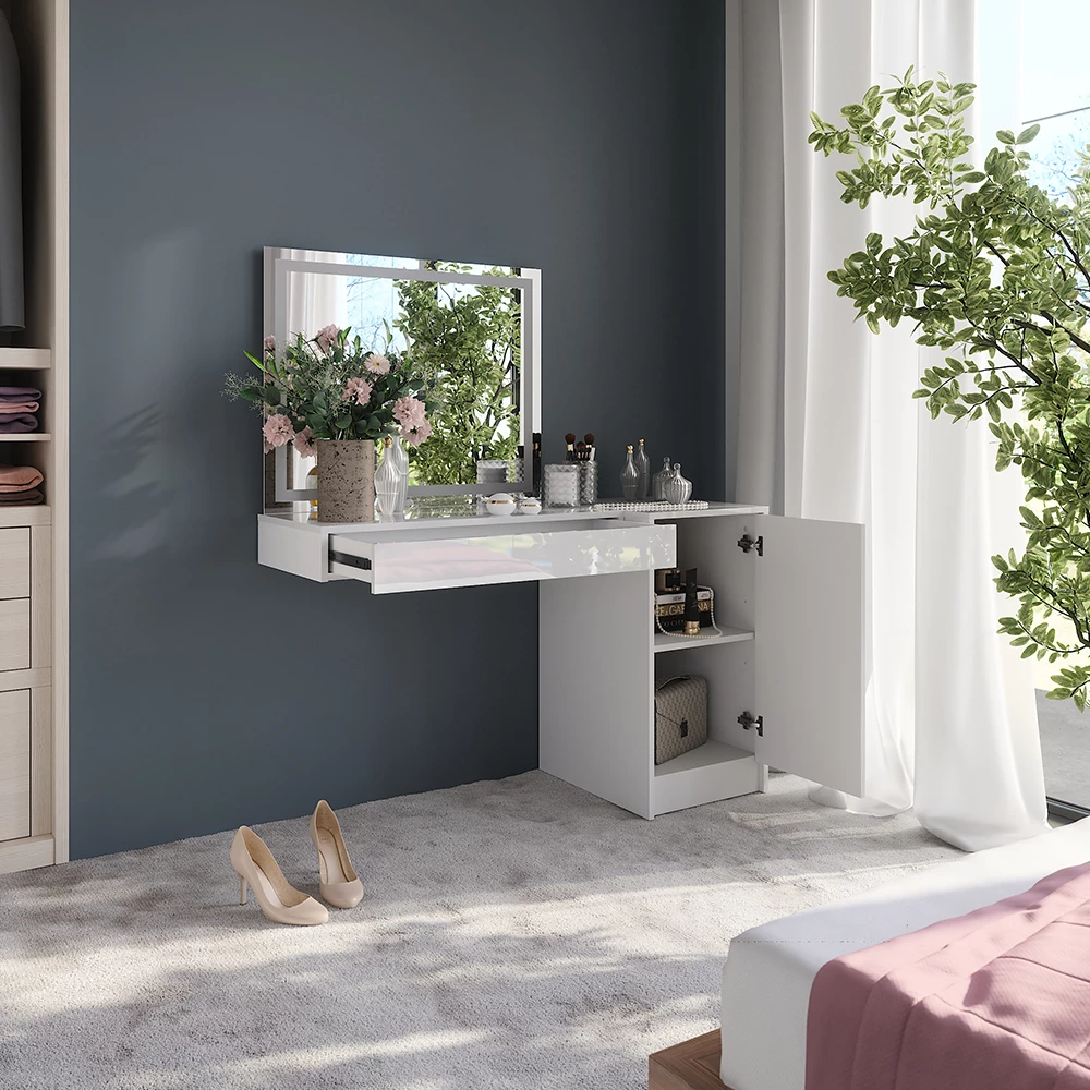 Nærbillede af Makeupbord i farven Hvid/hvid højglans, der viser design og overfladedetaljer