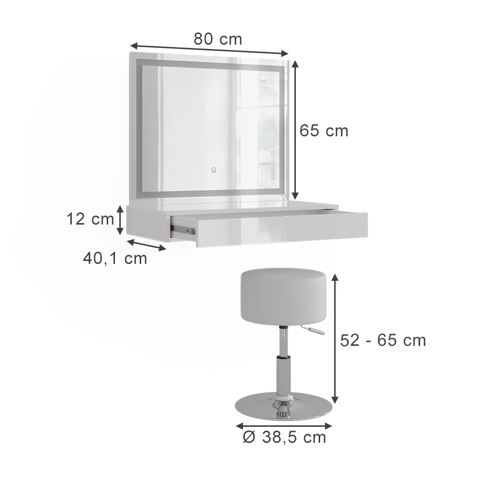 Schminktisch in Weiß/Weiß Hochglanz auf weißem Hintergrund mit sichtbaren Maßen