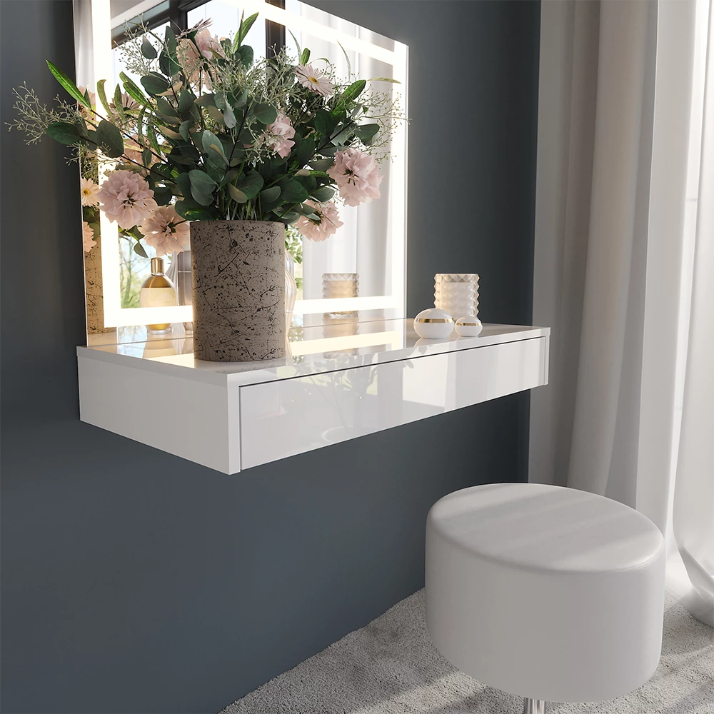 Nahaufnahme von Schminktisch in Weiß/Weiß Hochglanz, zeigt Textur/Details