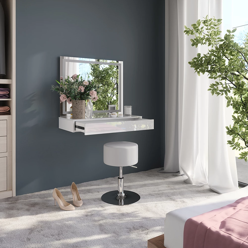 Nahaufnahme von Schminktisch in Weiß/Weiß Hochglanz, zeigt Design- und Oberflächendetails