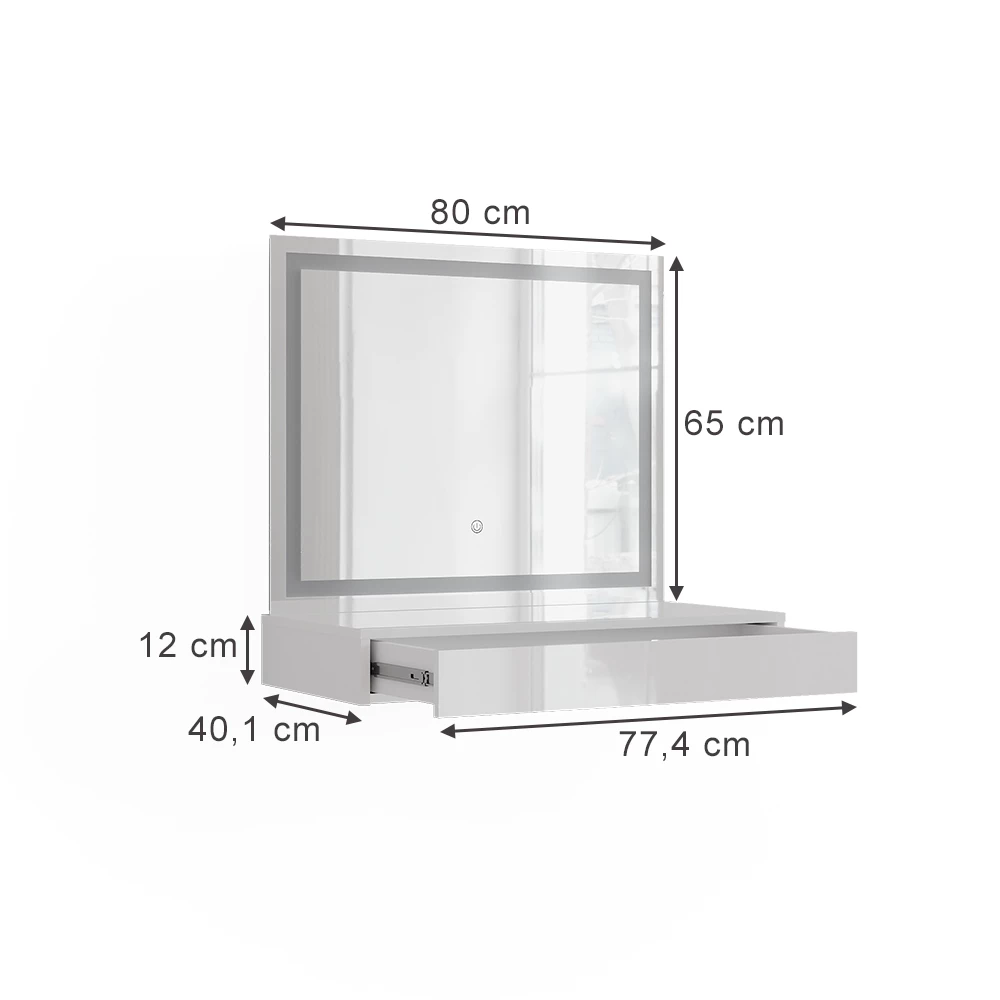 Schminktisch in Weiß/Weiß Hochglanz auf weißem Hintergrund mit sichtbaren Maßen