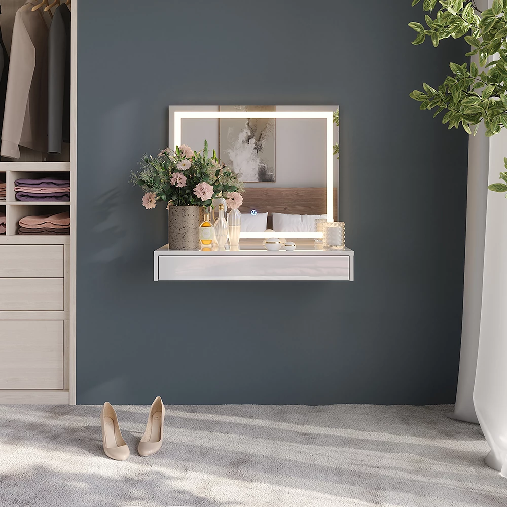 Schminktisch in Weiß/Weiß Hochglanz, dargestellt im Ambiente mit Dekoration