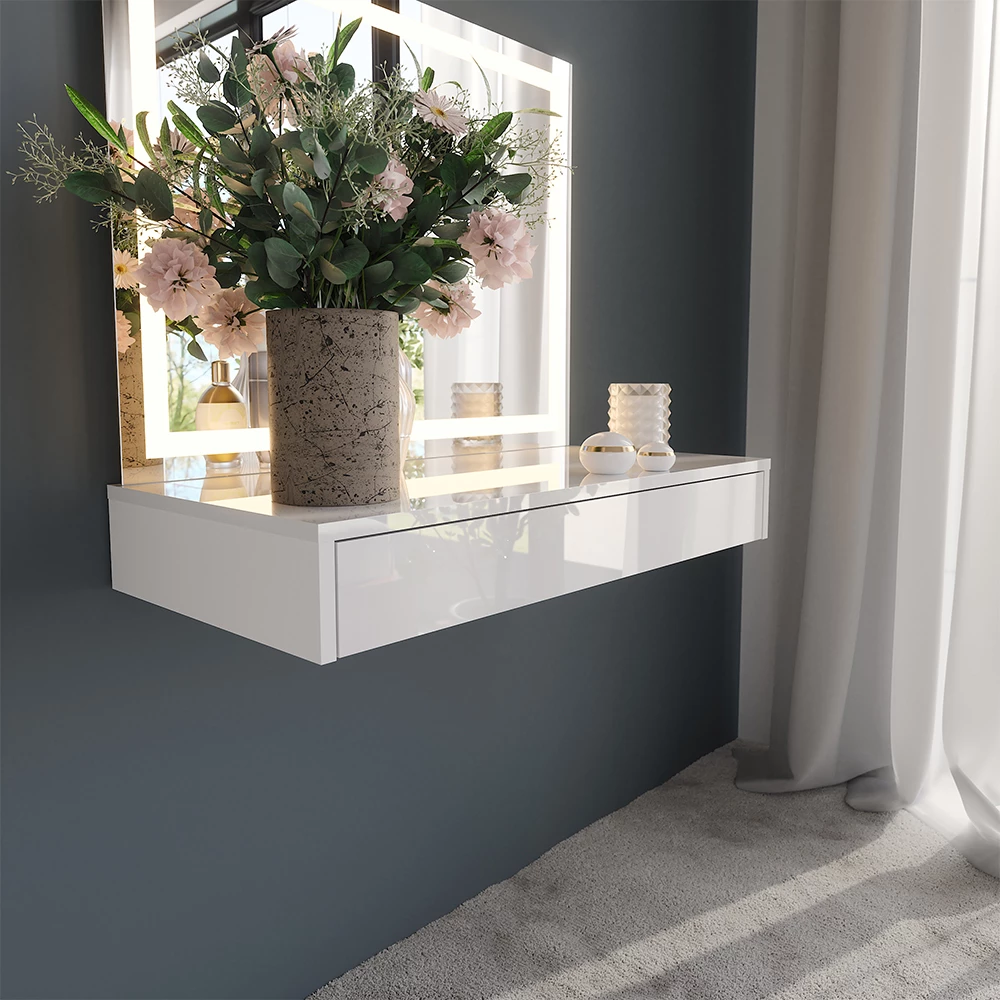 Nahaufnahme von Schminktisch in Weiß/Weiß Hochglanz, zeigt Textur/Details