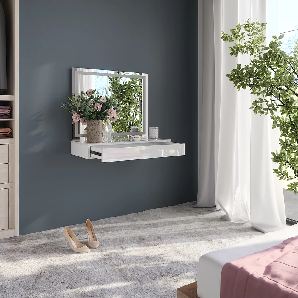 Nahaufnahme von Schminktisch in Weiß/Weiß Hochglanz, zeigt Design- und Oberflächendetails