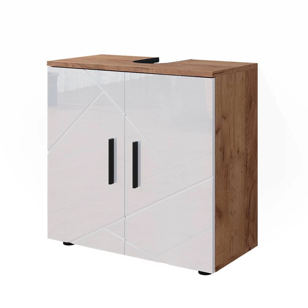 Pesualtaan alakaappi in Valkoinen korkeakiilto/Goldkraft tammi on white background