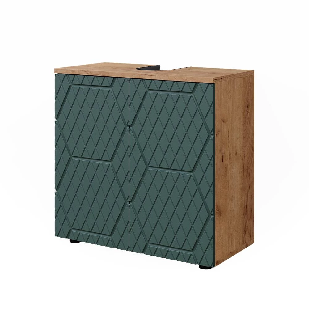 Waschbeckenunterschrank  in Grün/Goldkraft Eiche auf weißem Hintergrund