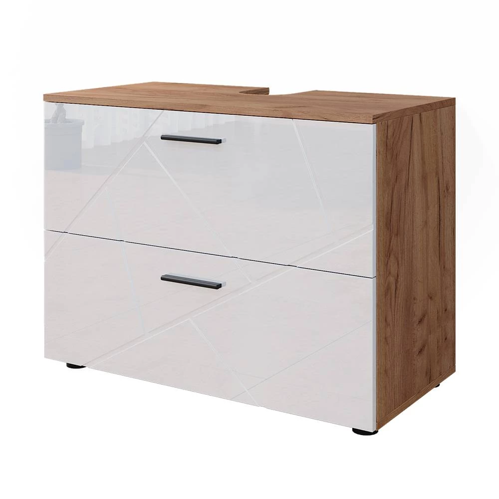 Pesualtaan alakaappi in Valkoinen korkeakiilto/Goldkraft tammi on white background