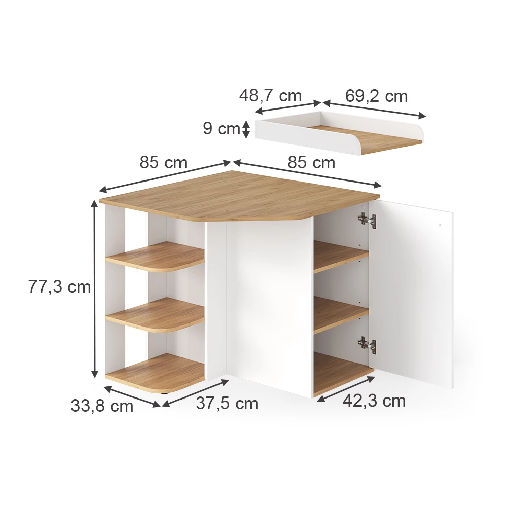 Fasciatoio in Rovere bianco/dorato su sfondo bianco con dimensioni visibili