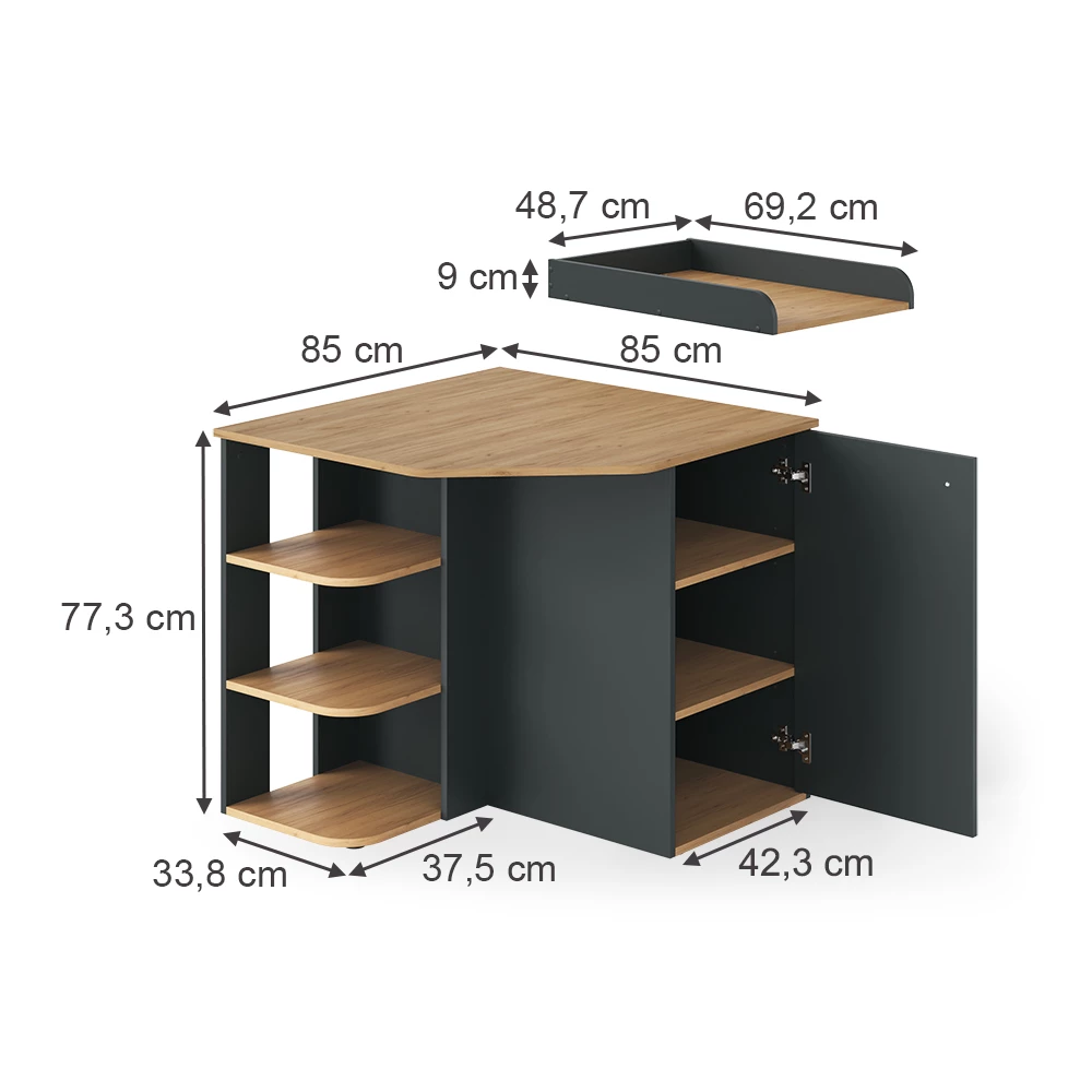 Commode à langer en Anthracite/Artisan sur fond blanc avec dimensions visibles