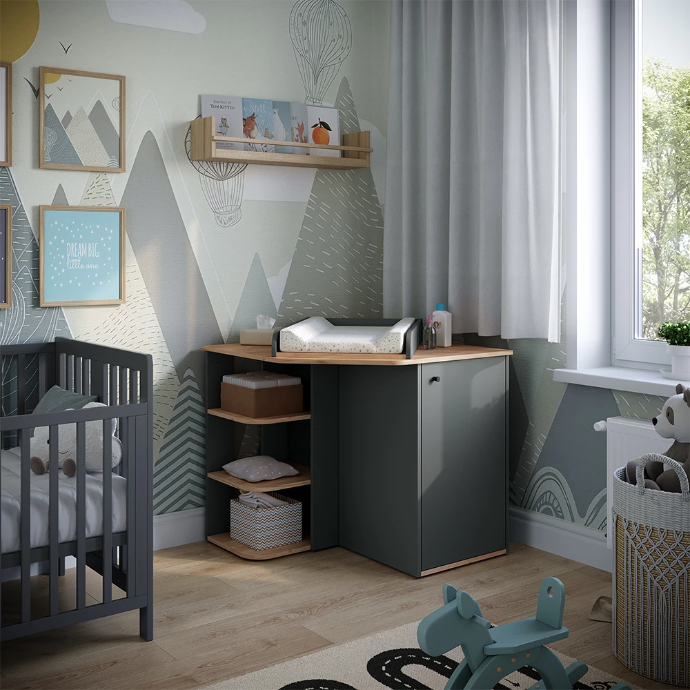 Commode à langer en Anthracite/Artisan, présenté dans un décor ambiant avec décoration