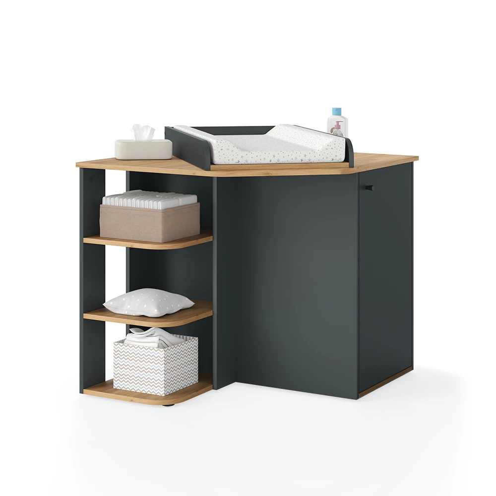 Commode à langer en Anthracite/Artisan sur fond blanc avec des éléments décoratifs