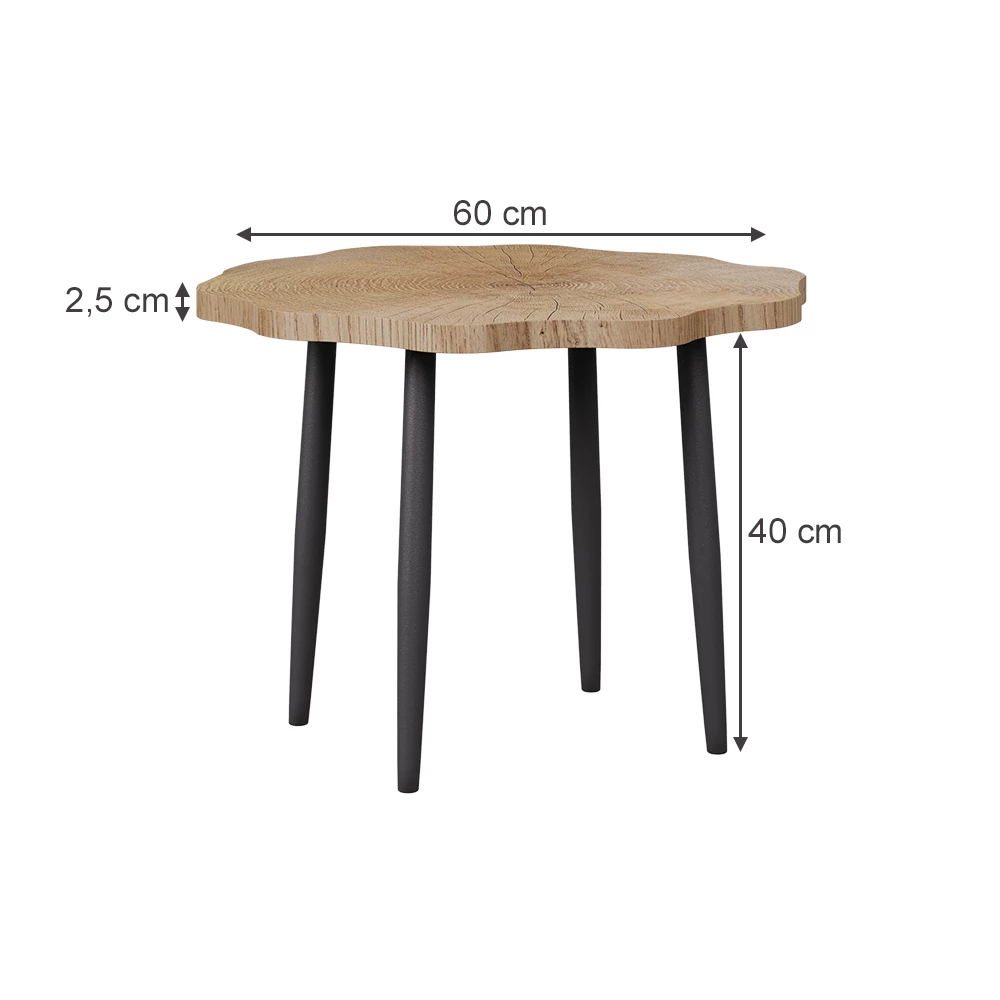 Couchtisch in Eiche auf weißem Hintergrund mit sichtbaren Maßen