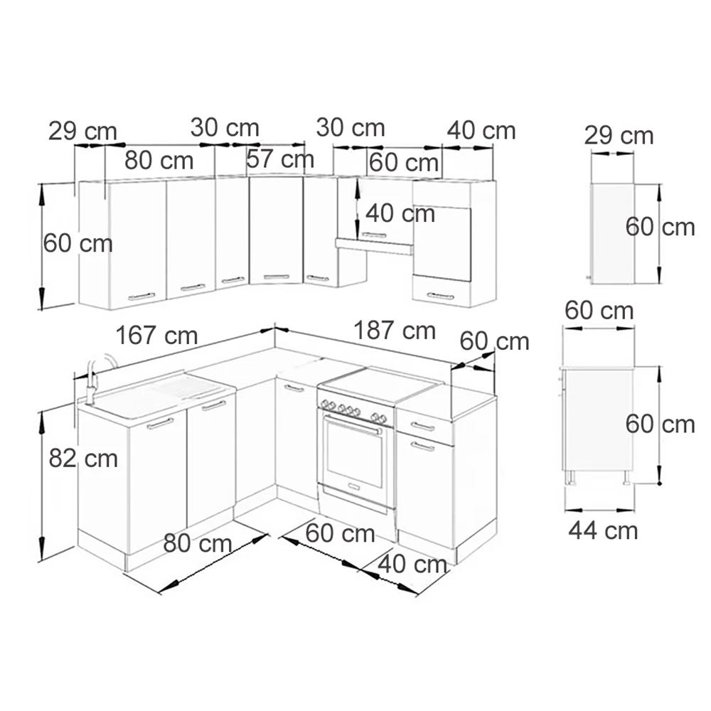 Hoekkeuken in Antraciet hoogglans/wit on white background with visible dimensions